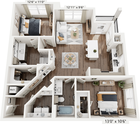 Floor plan for 2 beds, 2 baths, 1128 sqft